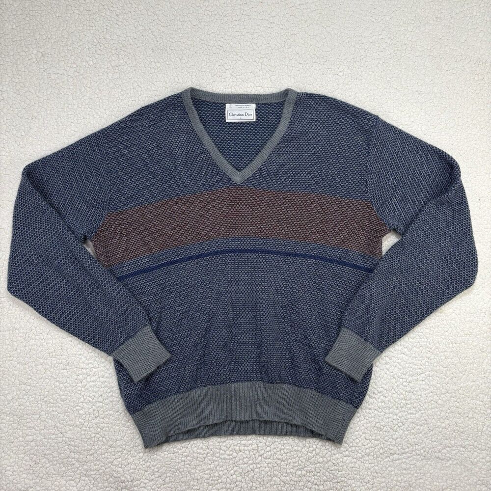 Vintage Christian Dior Mens L 100% Orlon Acrylic Striped V Neck Sweater Blue Red